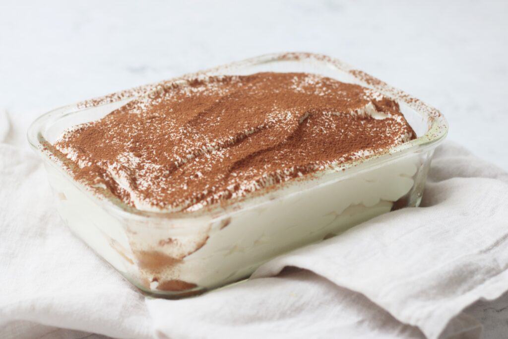 Vegan Tiramisu in a glass dish