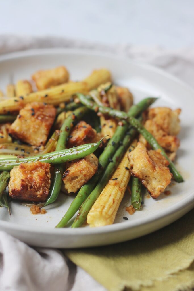 Sesame Tofu with Green Beans and Baby Sweetcorn