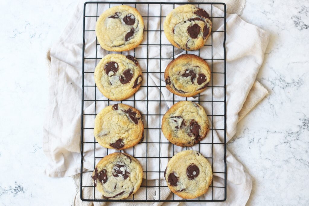 Vegan Chocolate Chip Cookies on a wire rack