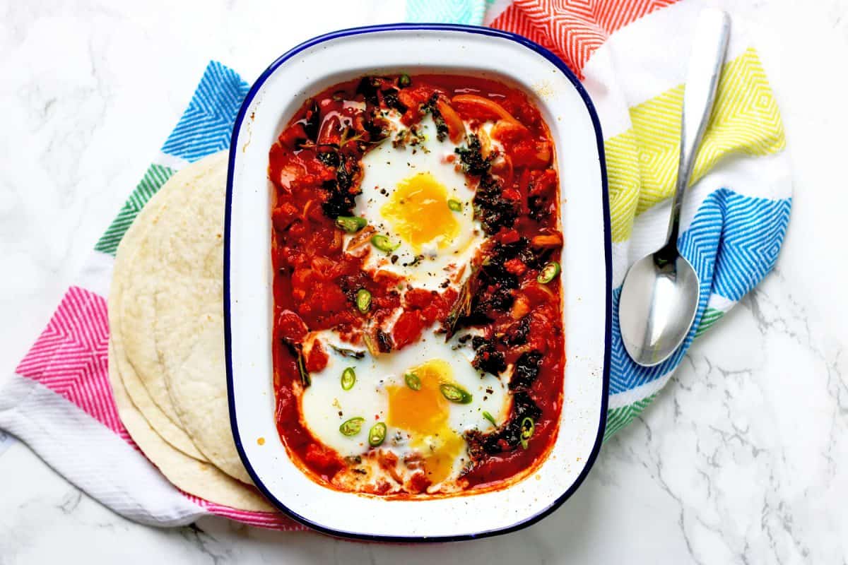 Spanish style Shakshuka with green chilli and chorizo