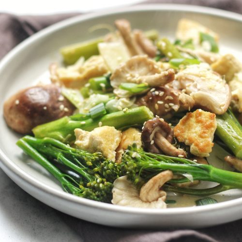 Tofu, Broccoli and Chinese Mushrooms in garlic sauce