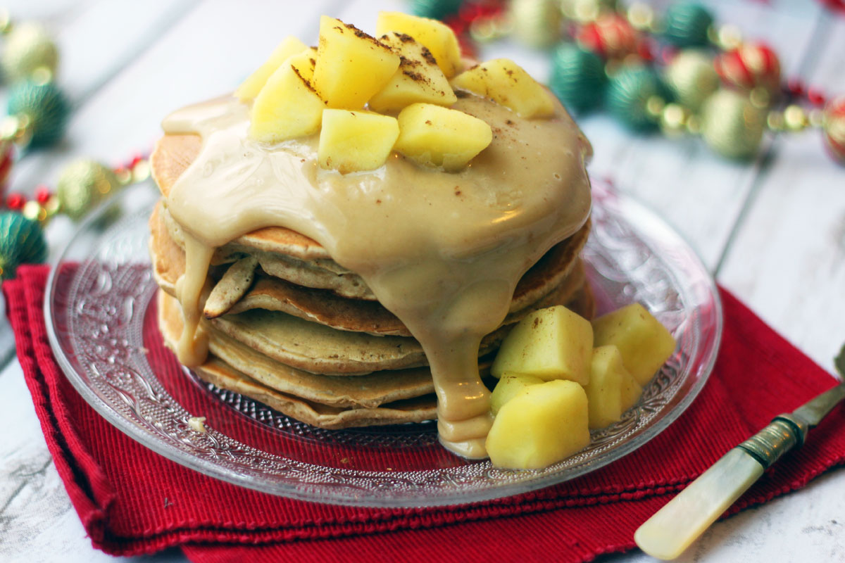 Cinnamon Pancakes with Stewed Apples and Caramel Sauce
