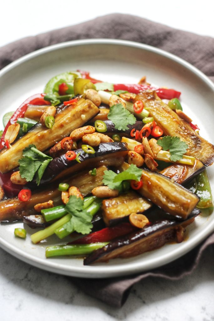 Hot and sour aubergines with caramelised chilli peanuts