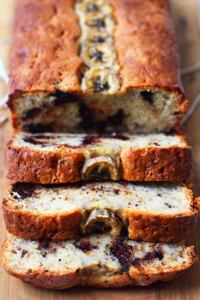 Big thick slices of the Ultimate Chocolate Chip Banana Bread are the perfect snack or pudding. I like to serve mine warm with ice-cream or greek yogurt.
