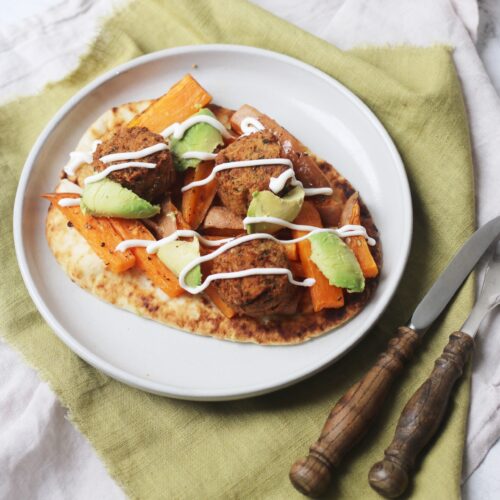 Falafel, Avocado and Sweet Potato Flatbreads with Chilli and Lime Mayonnaise