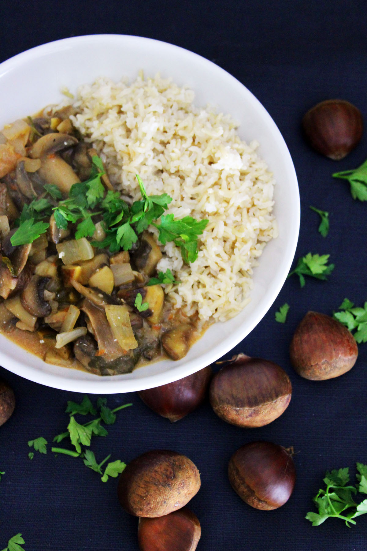 Chestnut Stroganoff with steamed rice and fresh parsley