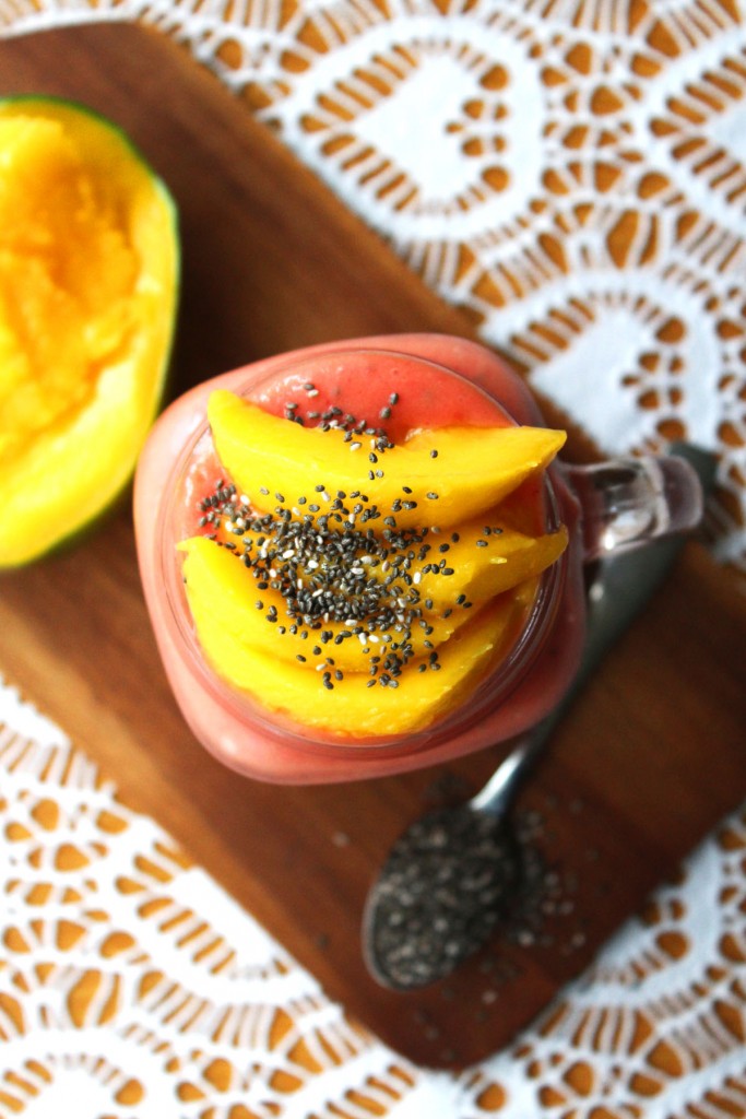 I love this Raspberry and Mango Smoothie with Chia Seeds it tastes fantastic and is filling too find the recipe at Supper in the Suburbs