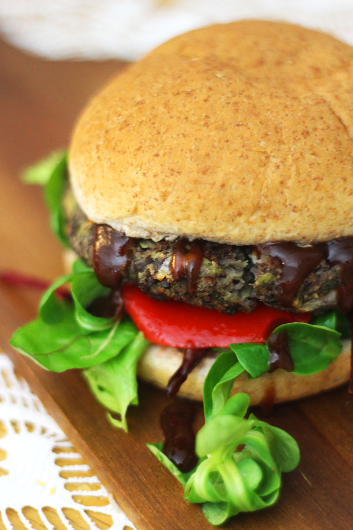 Portobello Mushroom and Black Bean Burger with Sweet Red Pepper and BBQ Sauce Find the Recipe at Supper in the Suburbs