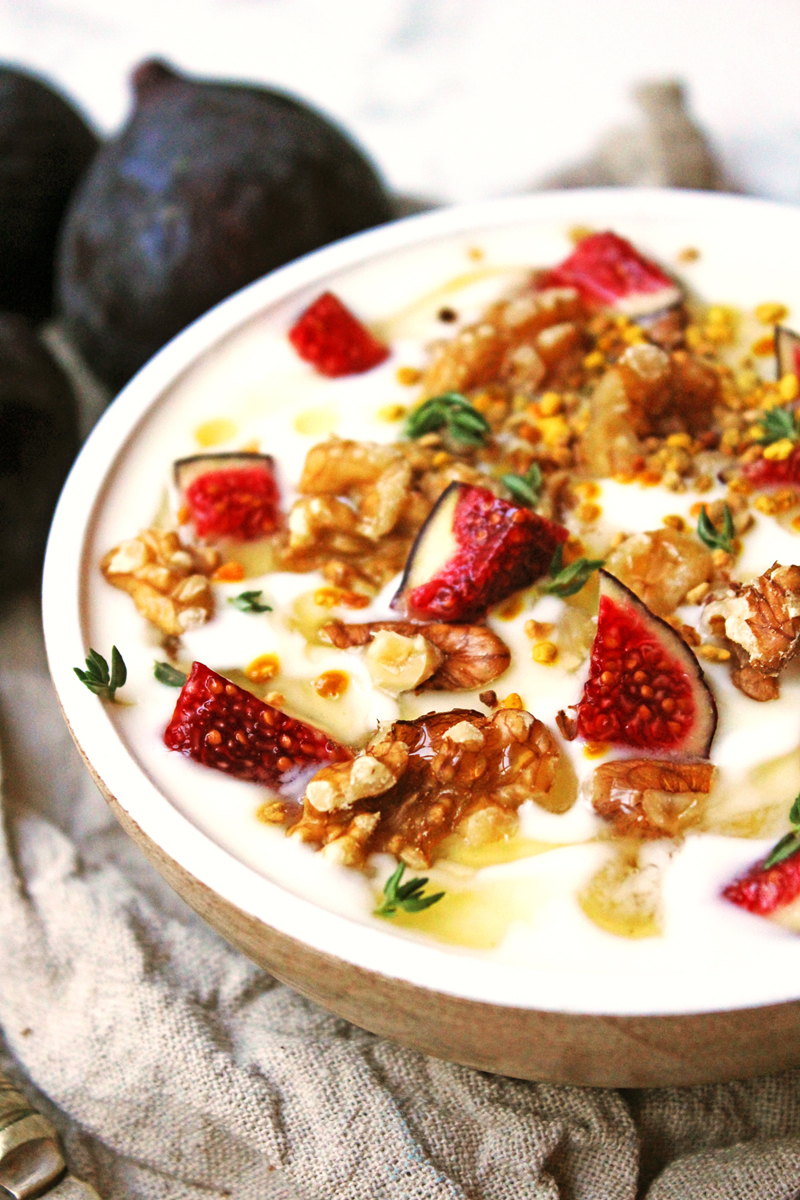 Fig and Walnut Yogurt with Honey and Thyme. Perfect for breakfast, pudding or a light snack!