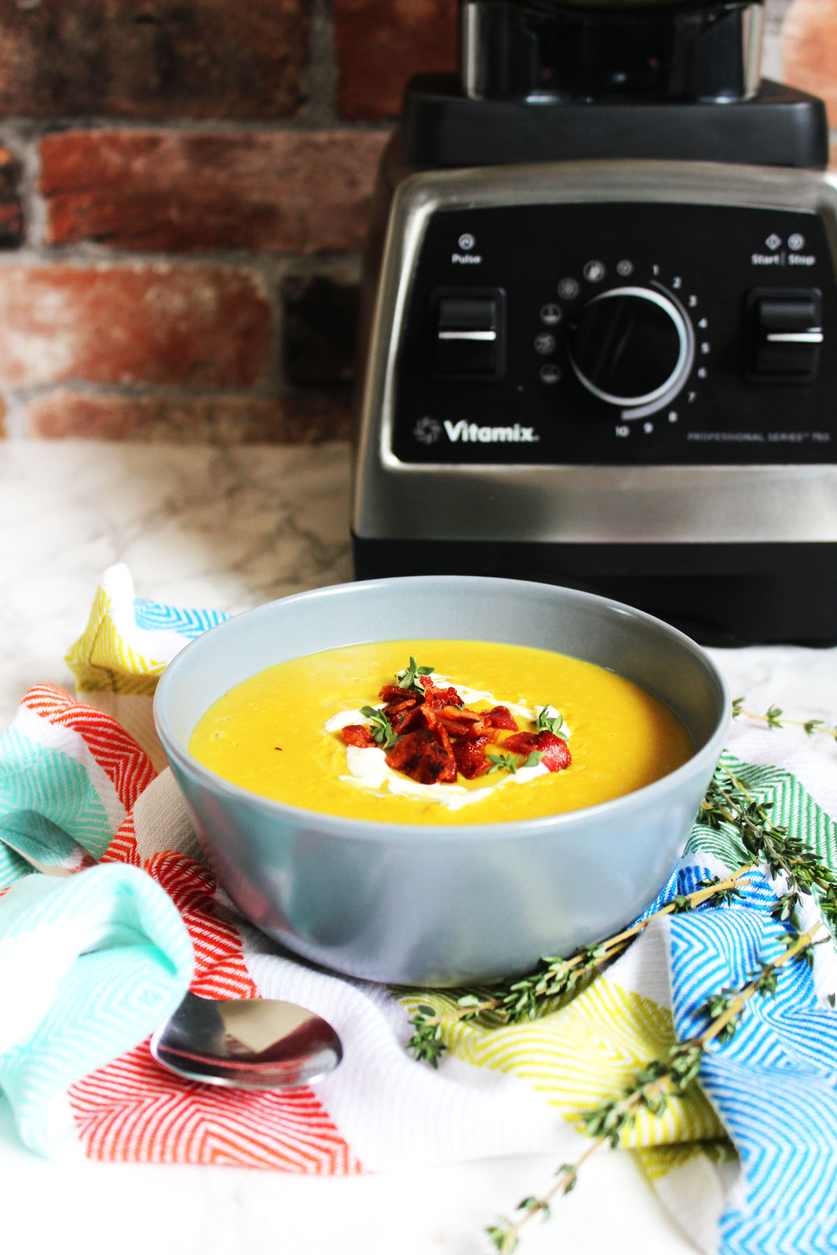 Chestnut and Parsnip Soup with Crispy Bacon bits. A tasty seasonal soup that can be made from scratch in a Vitamix blender! Why not make it for Christmas or Thanksgiving dinner this year? Get the recipe on Supper in the Suburbs