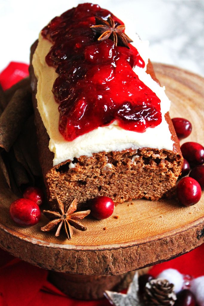 Cinnamon Loaf Cake with Cream Cheese Frosting and Cranberry Compote