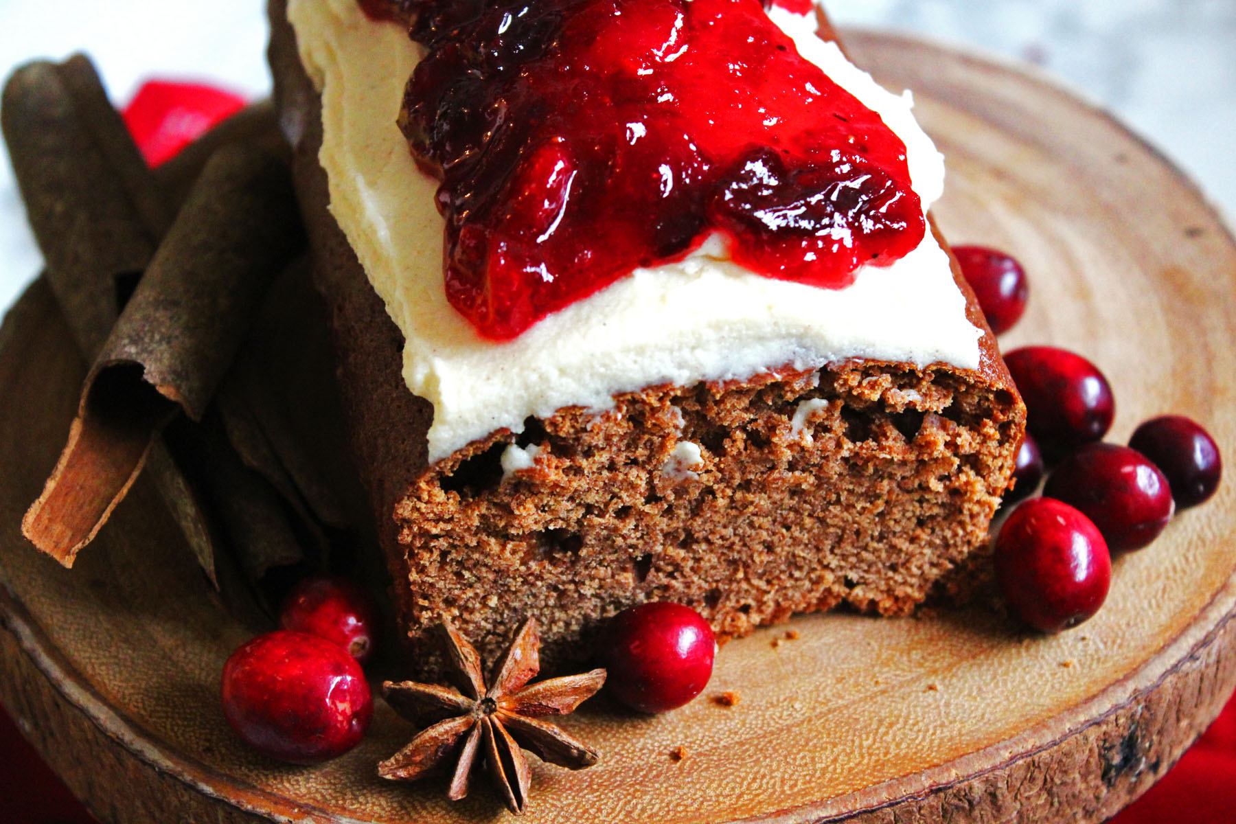 Cinnamon Loaf Cake with Cream Cheese Frosting and Mulled Cranberry Compote