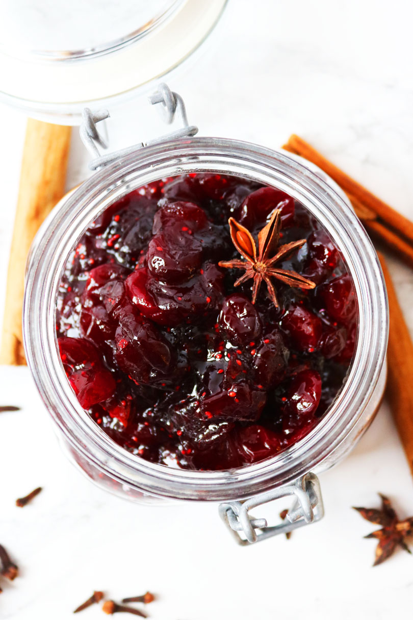 Cranberry sauce made with bourbon, star anise, cinnamon and nutmeg
