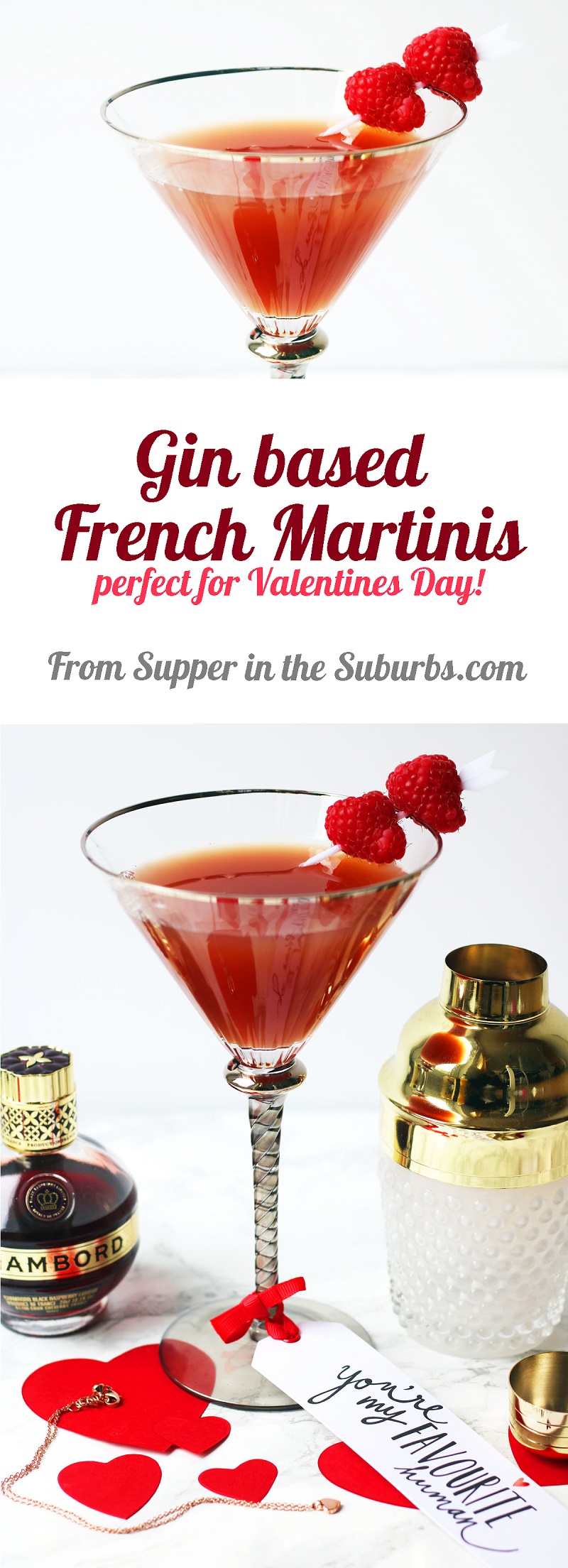 This twist on a French Martini swaps vodka for gin and vermouth. Garnished with fresh raspberries this Chambord cocktail is perfect for Valentines Day! Get the recipe at Supper in the Suburbs!