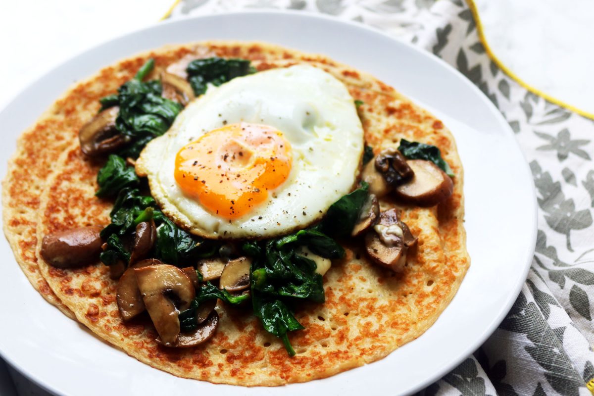 Spinach and Mushroom Crepes with Blue Cheese and Fried Egg