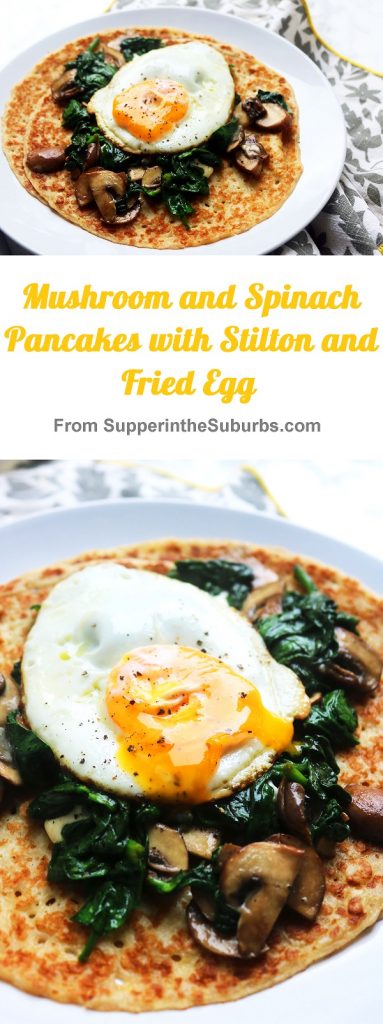 Mushroom and Spinach Pancakes with Stilton and a Fried Egg is the best brunch recipe! Whether you're serving them for mardis gras, pancake day or just because, get the recipe at Supper in the Suburbs! 