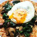 Thin crepes topped with spinach and mushroom, crumbled stilton and a gooey fried egg! The perfect breakfast, brunch or dinner!