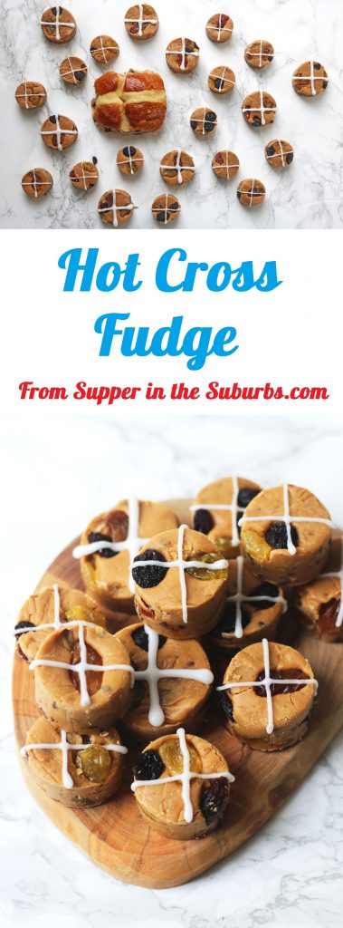 This Easter themed fudge recipe has all the flavours of hot cross buns, including saffron, cinnamon and dried fruits. Hot Cross Fudge is a must have treat this Easter! Get the recipe at Supper in the Suburbs!