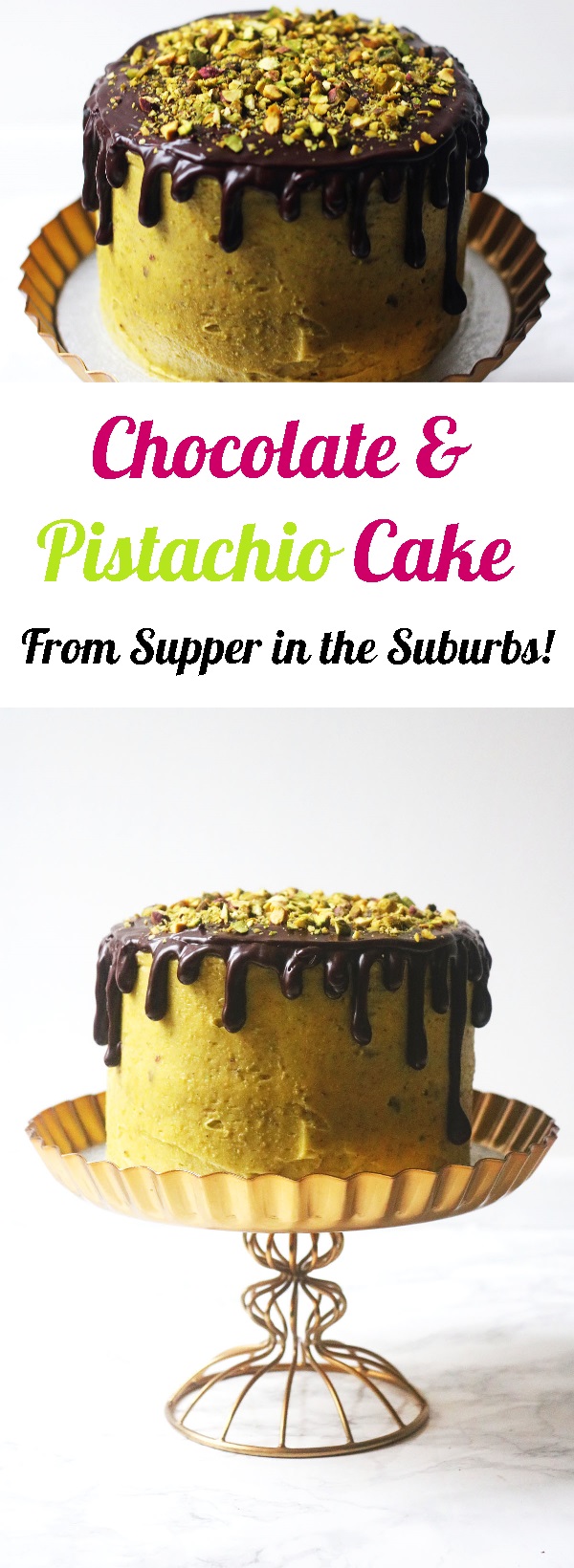 Chocolate and Pistachio Cake on a gold cake stand