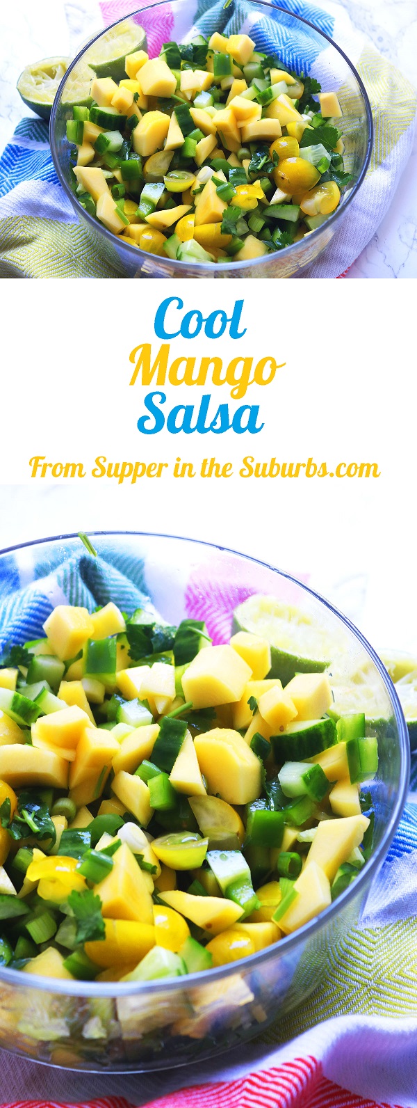Cool Mango Salsa made with ripe mango, yellow tomatoes, spring oniones, coriander and cucumber