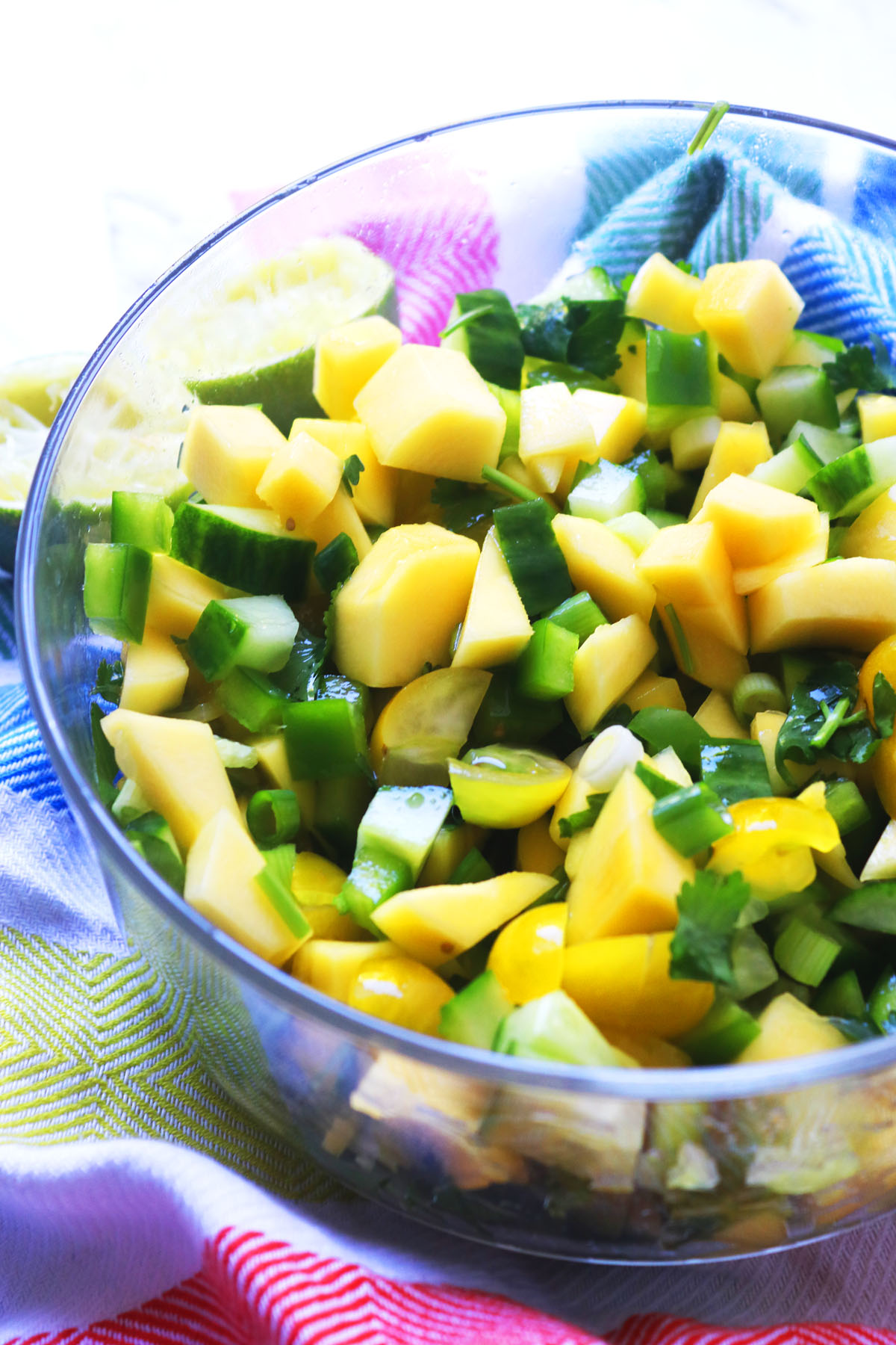 Cool Mango Salsa made with ripe mango, yellow tomatoes, spring oniones, coriander and cucumber