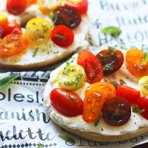 Whipped feta and tomato bagel