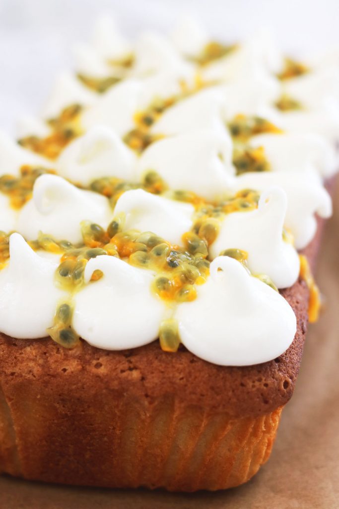 Close up of the passion fruit drizzle on a Coconut Loaf Cake