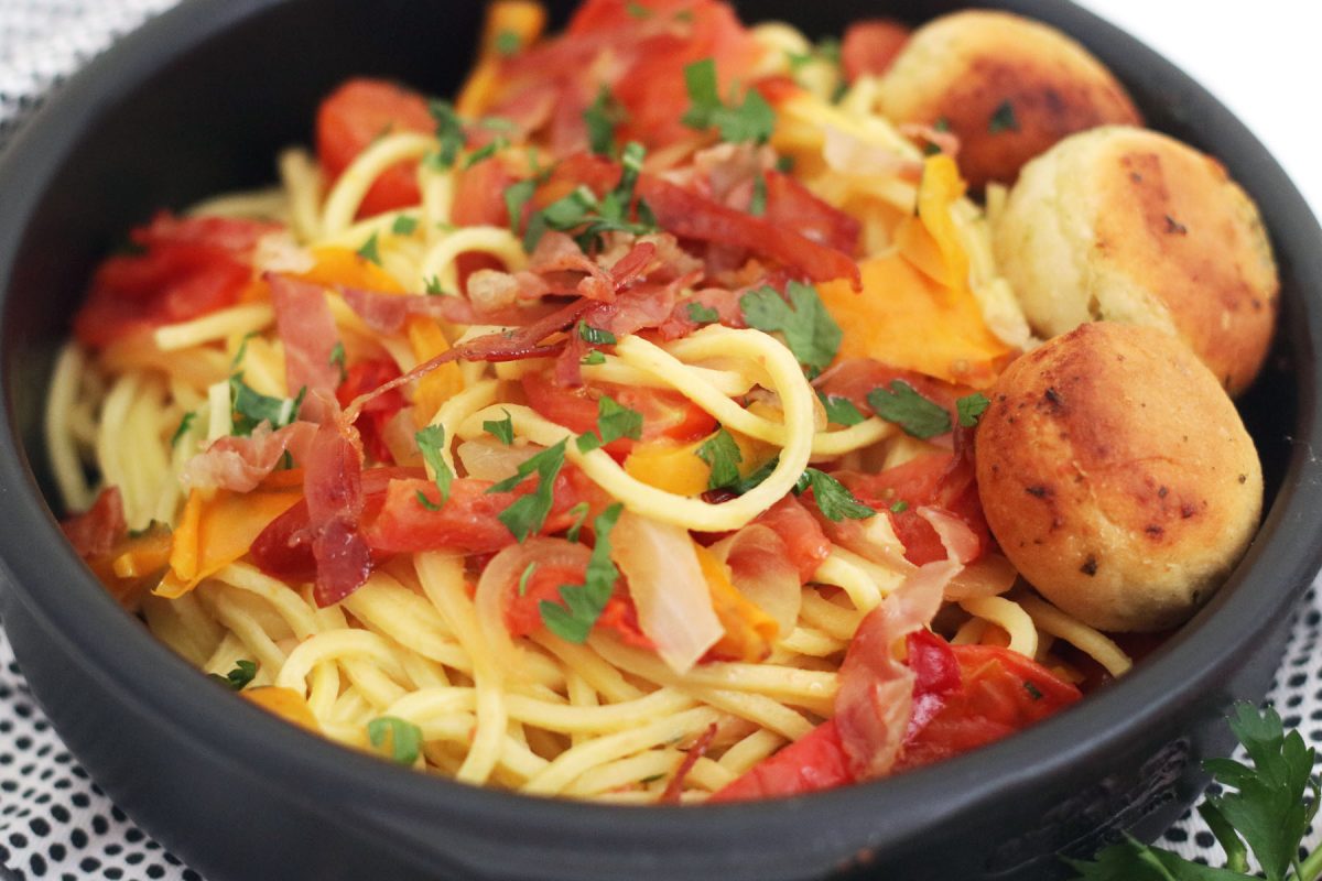 Crispy Parma Ham topped Spaghetti with roasted peppers and cherry tomatoes  - Supper in the Suburbs