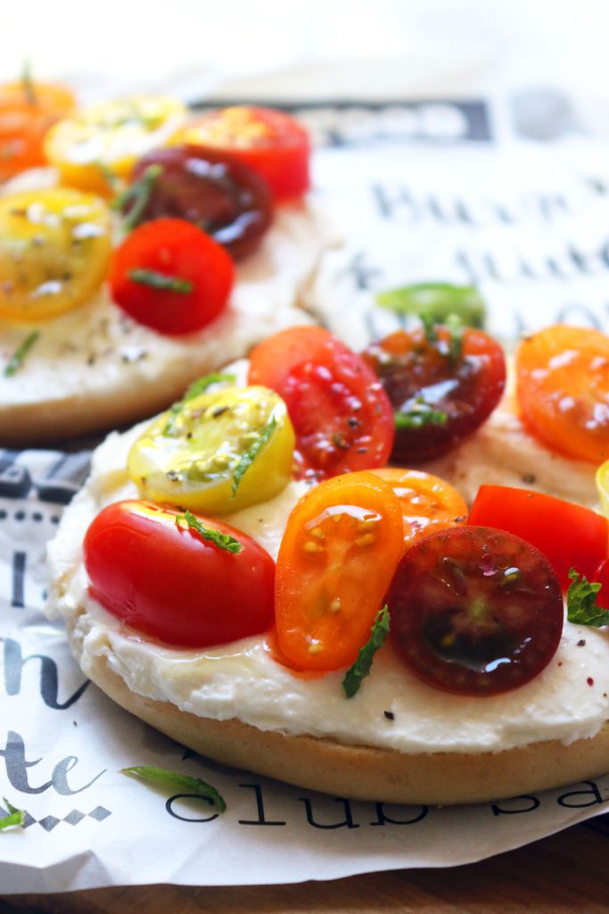 Whipped feta and tomato bagel