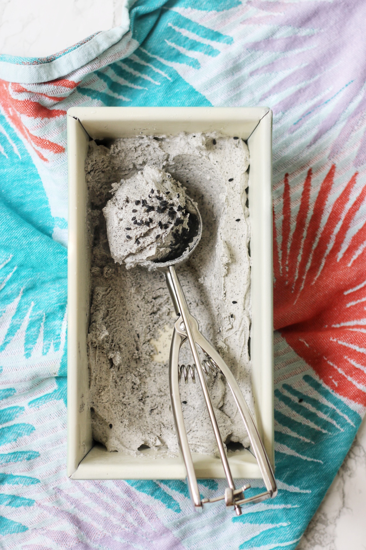 A scoop of black sesame ice cream