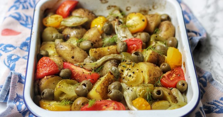 Roasted fennel and potatoes with tomato and olives