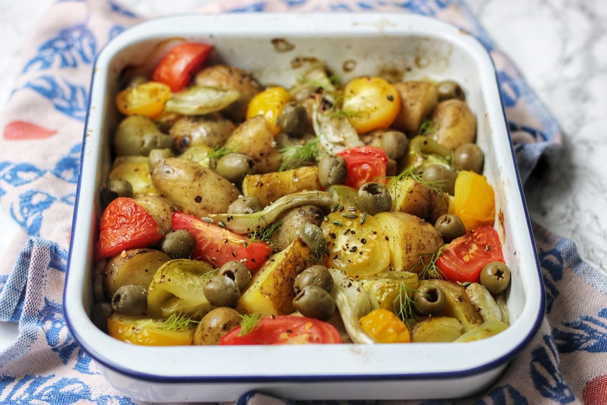 Roasted fennel and potatoes with tomato and olives
