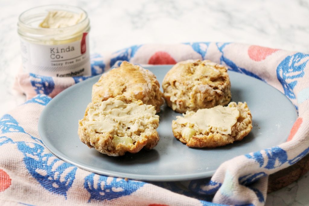 Apple and sourdough scones spread with vegan cheese