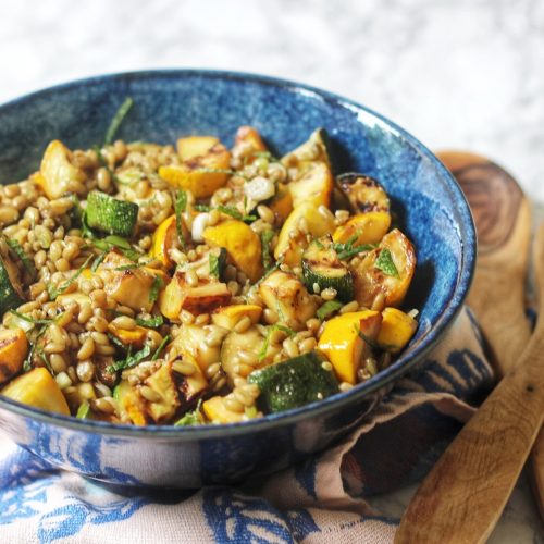 Bowl of Courgette and Freekeh Salad with Lemon and Mint Dressing