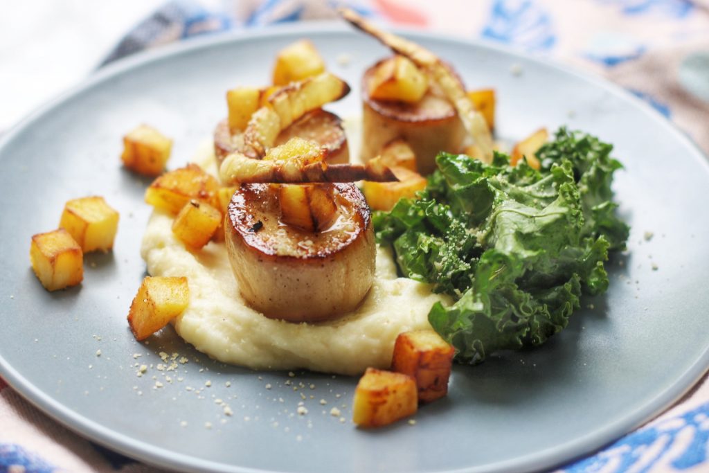 Vegan King Oyster Mushroom Scallops with Parsnips 3 Ways