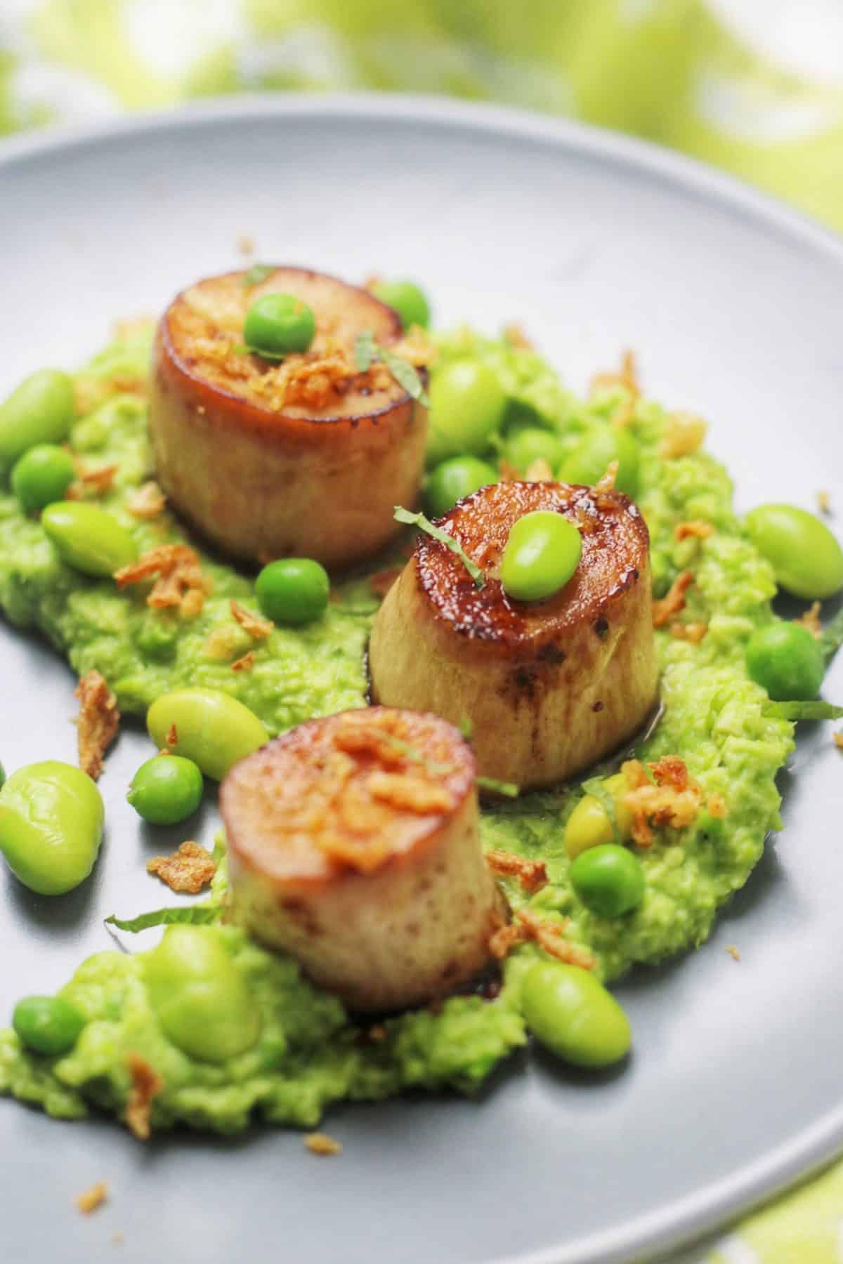 Vegan King Oyster Mushroom Scallops with Pea and Edamame Puree