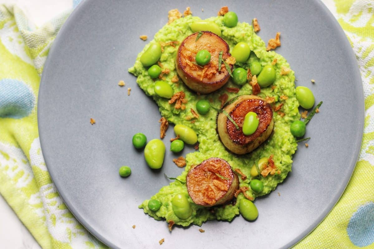 Vegan King Oyster Mushroom Scallops with Pea and Edamame Puree