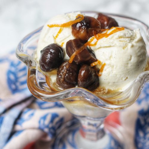 Boozy Chestnuts in Cointreau syrup spooned over ice cream