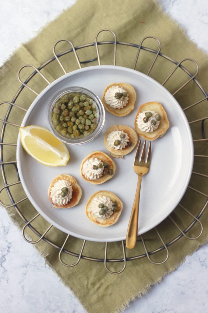 Vegan Blinis with Faux Lox and Dill Cream Cheese Spread, Capers and Lemon