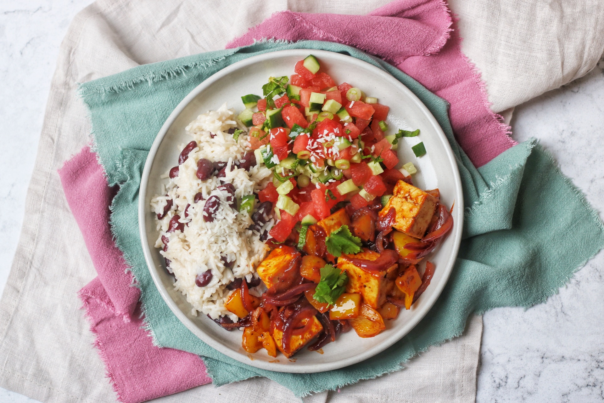 Jerk Tofu with Rice and Beans and a Watermelon Salsa