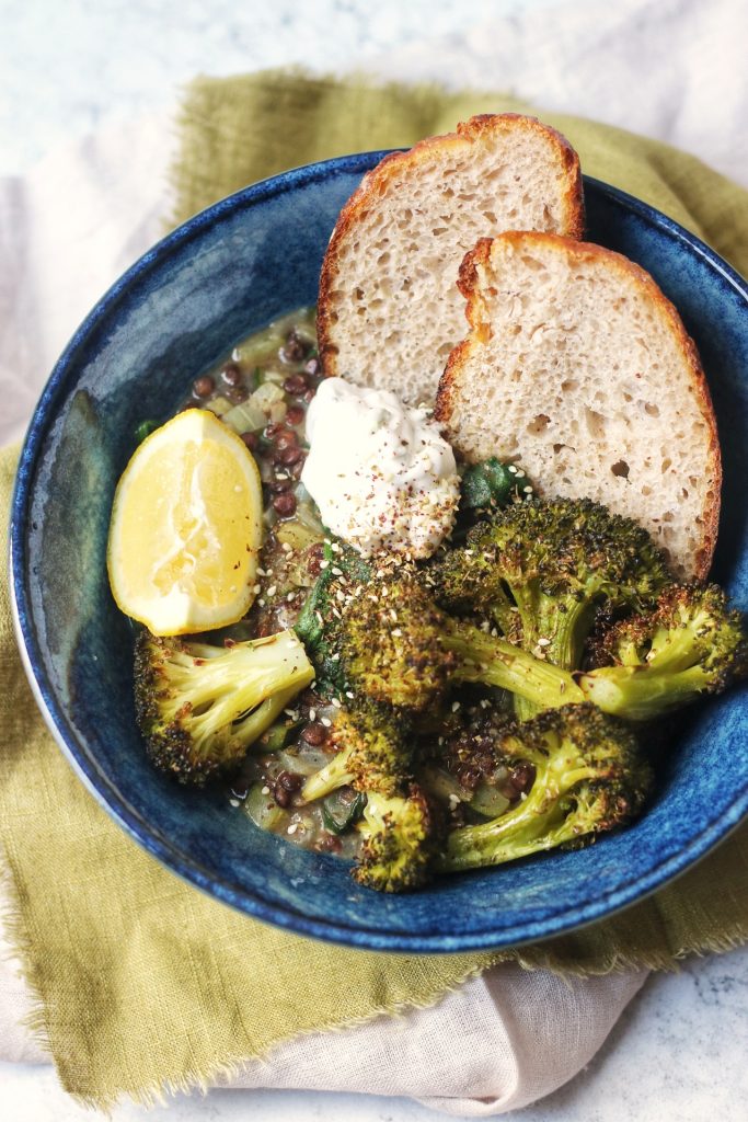 Spicy Lentil and Spinach Stew with Roasted Broccoli