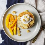 Coconut Pancakes with Caramelised Mango and Macadamia Nuts (dairy and egg free, vegan)