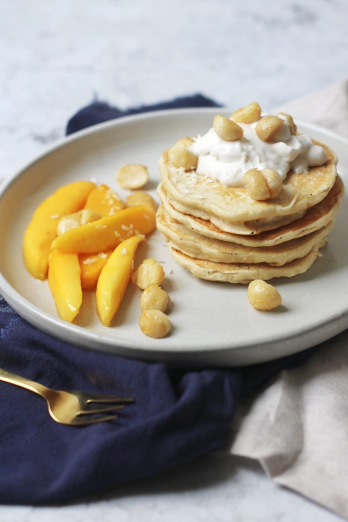 Coconut Pancakes with Caramelised Mango and Macadamia Nuts (dairy and egg free, vegan)