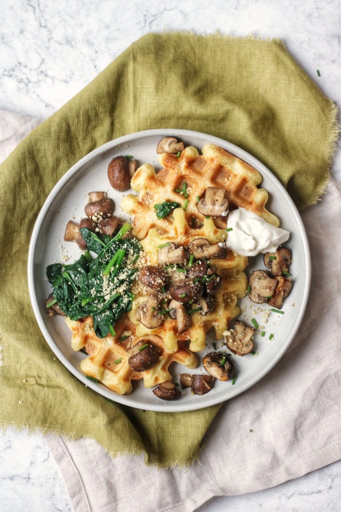 Vegan Potato Waffles with Garlic Mushrooms and Chives