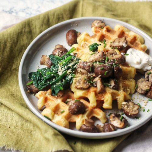 Vegan Potato Waffles with Garlic Mushrooms and Chives