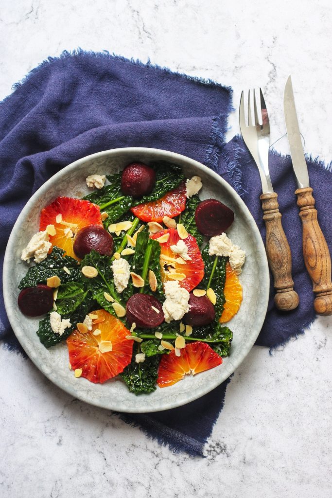 Blood Orange, Beetroot and Kale Salad with vegan ricotta and toasted almonds