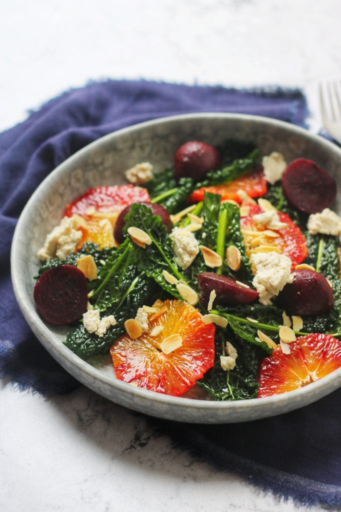 Blood Orange, Beetroot and Kale Salad with vegan ricotta and toasted almonds