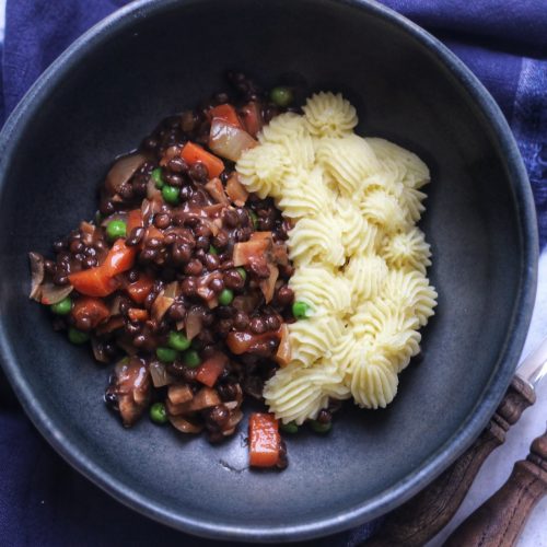 A bowl of Miso Mushroom Shepherds Pie