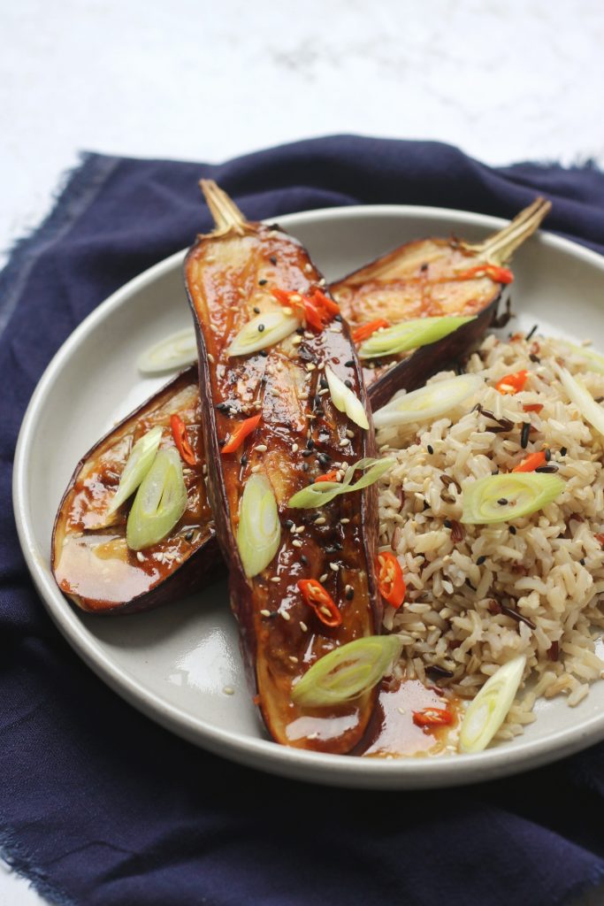 Maple and Miso Roasted Aubergines on a bed of rice