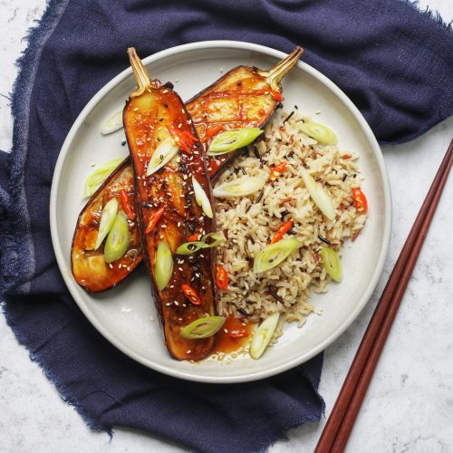Maple and Miso Roasted Aubergines on a bed of rice